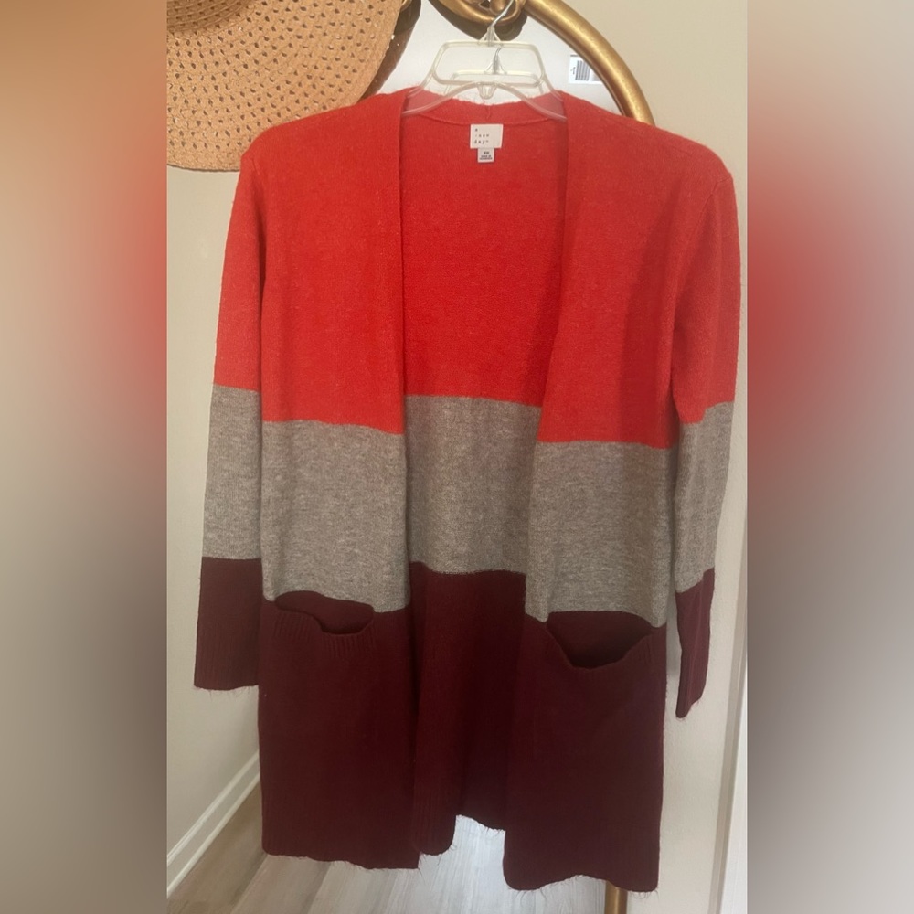 A New Day Fall Color Block Wide Stripe Open Front Fuzzy Knit Cardigan Size XS